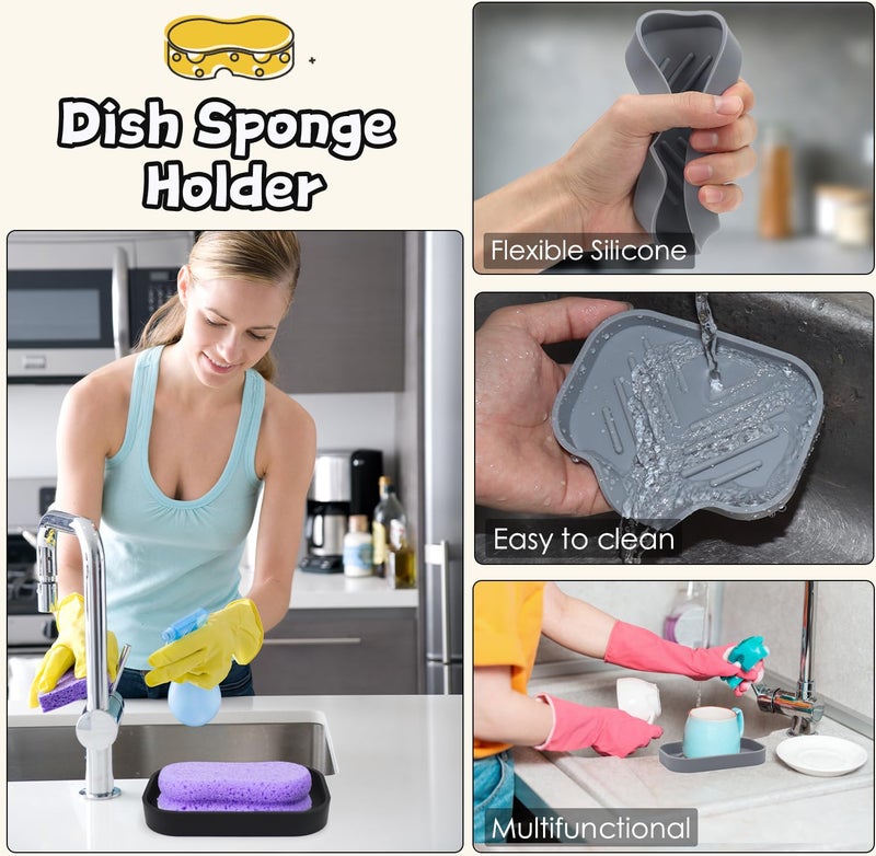 YASMEN 2 Pcs Silicone Soap Dish, Soap Holder with Drain, Sponge Holder for Kitchen Sink, Soap Dispenser Tray, Bathroom & Kitchen Sink Organizer, Rubber Soap Dishes for Bar Soap,Soap Bottles-Black/Grey - Image 4